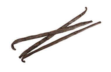 Aromatik vanilya kabukları beyaz, üst görünümde izole