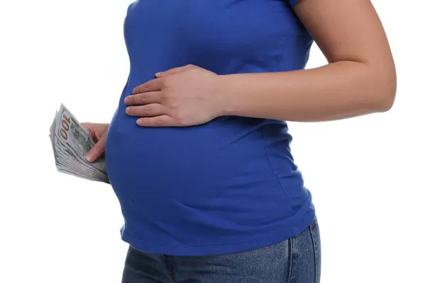 Madre Subrogada Mujer Embarazada Con Billetes Dólar Sobre Fondo Blanco —  Fotos de Stock