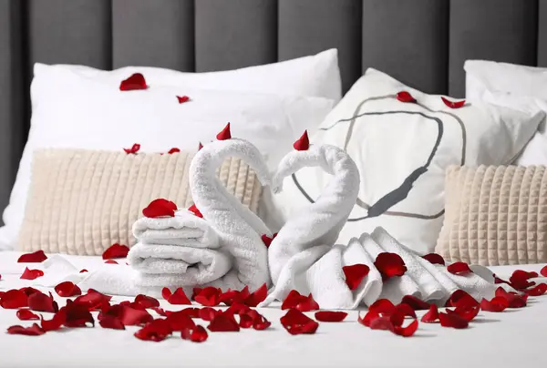 Flitterwochen Schwäne Mit Handtüchern Und Schönen Rosenblättern Auf Dem Bett lizenzfreie Stockfotos