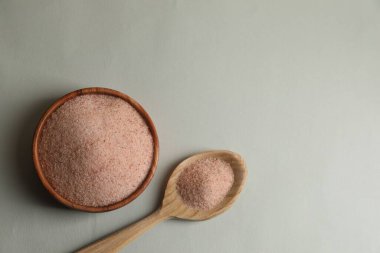 Himalaya tuzu kasede ve kaşıkla gri arka planda, düz yerde. Metin için boşluk