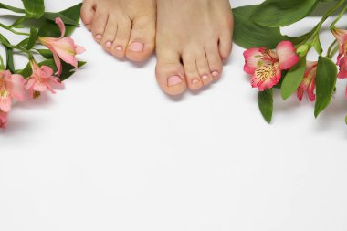 Beyaz arka planda pedikür yaptıktan sonra düzgün ayak tırnakları olan bir kadın. Metin için boşluk