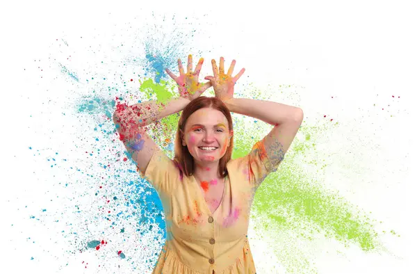 Celebración Del Festival Holi Mujer Feliz Cubierta Con Coloridos Tintes — Foto de Stock