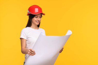 Sarı arkaplanda taslak olan sert şapkalı mimar