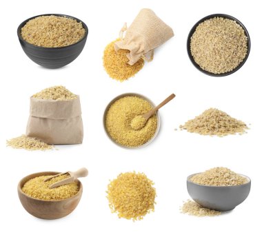 Beyaz üzerine izole edilmiş farklı bulgur türleri, set