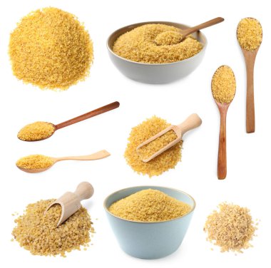 Beyaz üzerine izole edilmiş farklı bulgur türleri, set