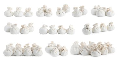 Pişmemiş khinkaliler (hamur tatlısı) beyaz, set üzerinde izole