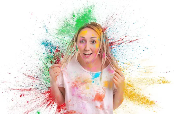 Festa Holi Donna Felice Coperto Con Coloranti Polvere Colorati Sfondo — Foto Stock