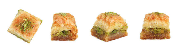 Eastern sweets. Pieces of delicious fresh baklava with chopped nuts isolated on white, set