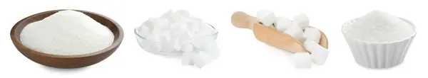 Cukier Granulowany Kostki Izolowany Biało Zestaw — Zdjęcie stockowe