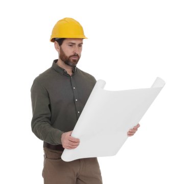 Beyaz arkaplanda taslak olan sert şapkalı mimar