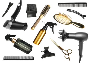 Farklı kuaför aletleri beyaz, set izole