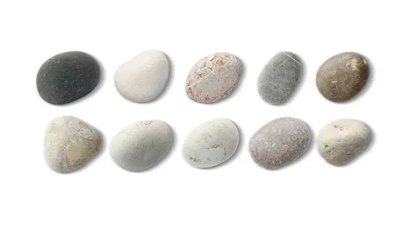 Mořské Oblázky Různé Kameny Izolované Bílém Horní Pohled — Stock fotografie