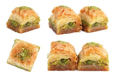 Doğu tatlıları. Lezzetli taze baklava parçaları. Beyazlara ayrılmış doğranmış fındıklar.