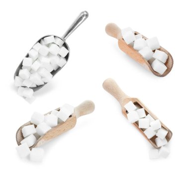 Küp küp şekerler beyazda izole edilmiş.