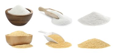 Beyaz üzerine izole edilmiş farklı granüle şeker.