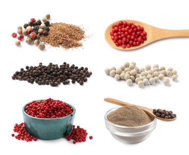 Aromatik baharatlar. Farklı türde karabiber ve biber beyaza izole edilmiş.