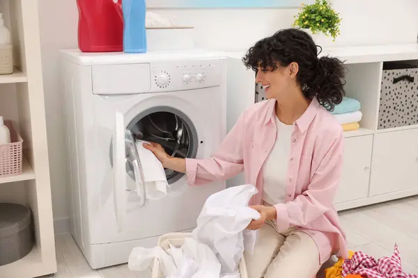 Happy Woman Putting Laundry Washing Machine Indoors — Stock Photo, Image