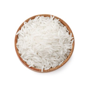 Tabakta çiğ basmati pilavı, beyaz, üst manzara.