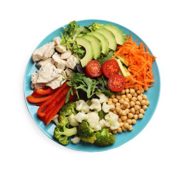 Dengeli beslenme ve sağlıklı yiyecekler. Beyaz, üst görünümde izole edilmiş farklı lezzetli ürünlerin tabağı.