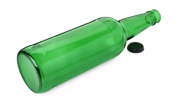 Jedna Prázdná Zelená Láhev Piva Víčko Izolované Bílém — Stock fotografie