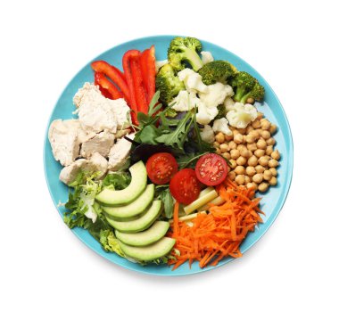 Dengeli beslenme ve sağlıklı yiyecekler. Beyaz, üst görünümde izole edilmiş farklı lezzetli ürünlerin tabağı.