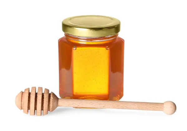 Νόστιμο Φυσικό Μέλι Γυάλινο Βάζο Και Dipper Απομονώνονται Λευκό — Φωτογραφία Αρχείου