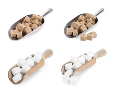 Beyaz ve sete izole edilmiş kepçelerle farklı şeker küpleri.