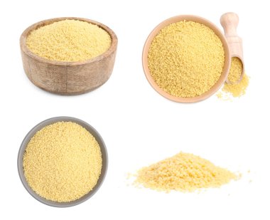 Çiğ kuskus beyaz sette izole edilmiş.