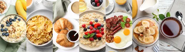 Assortment Tasty Breakfasts Collage Different Meals Drinks Top View — Stock Photo, Image