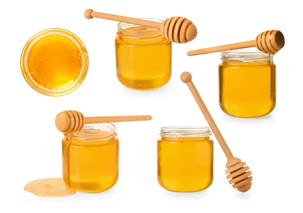 Naturlig Honung Glasburkar Och Doppare Isolerade Vitt Set — Stockfoto