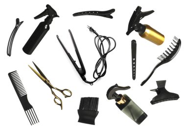 Farklı kuaför aletleri beyaz, set izole