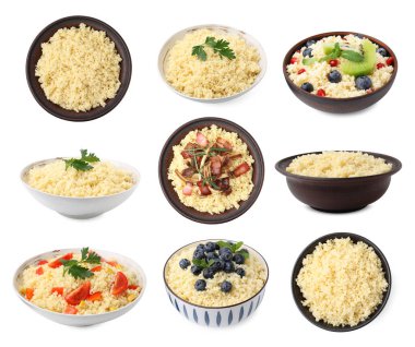 Lezzetli kuskus, beyaz tencerelerde izole edilmiş.