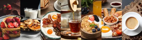 Assortment Tasty Breakfasts Collage Different Meals Drinks — Stock Photo, Image