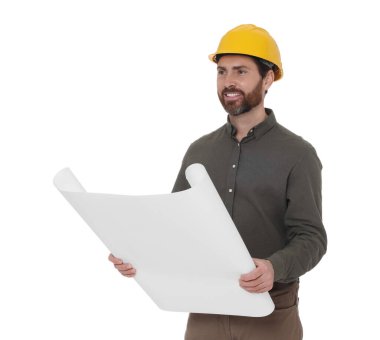 Beyaz arkaplanda taslak olan sert şapkalı mimar