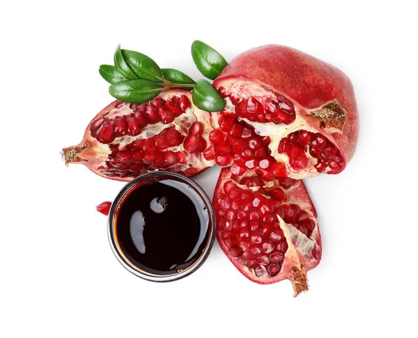 Tasty Pomegranate Sauce Bowl Branch Fruits Isolated White Top View Royalty Free Stock Images