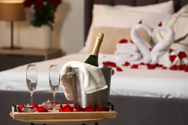 Honeymoon Sparkling Wine Glasses Wooden Table Room Stock Image