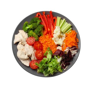 Dengeli beslenme ve sağlıklı yiyecekler. Beyaz, üst görünümde izole edilmiş farklı lezzetli ürünlerin tabağı.