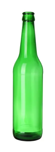 一个空的绿色啤酒瓶被白色隔离了 — 图库照片