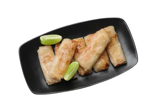 Tasty Fried Spring Rolls Lime Isolated White Top View Stock Image