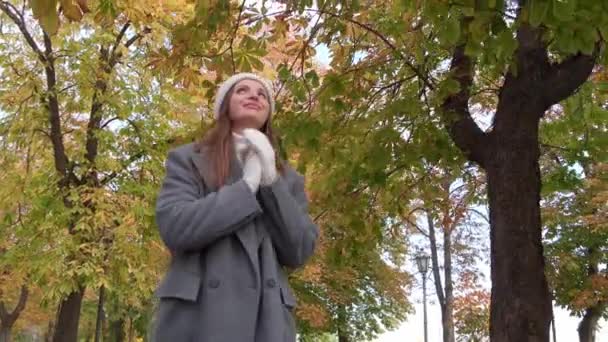 Приваблива Жінка Стильному Сірому Пальто Теплий Білий Капелюх Рукавички Ходять — стокове відео
