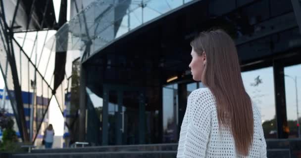 Wanita Muda Cantik Menangkap Taksi Luar Ruangan Pandangan Sudut Rendah — Stok Video