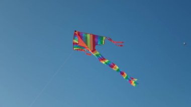 Mavi gökyüzünde uçan parlak gökkuşağı uçurtması