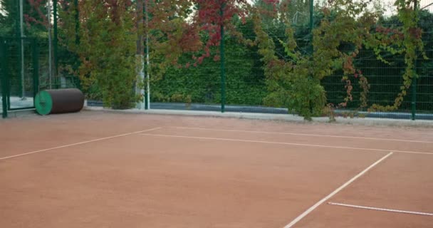 Beautiful Woman Stylish Sportswear Racket Balls Came Court Play Tennis — Stock Video