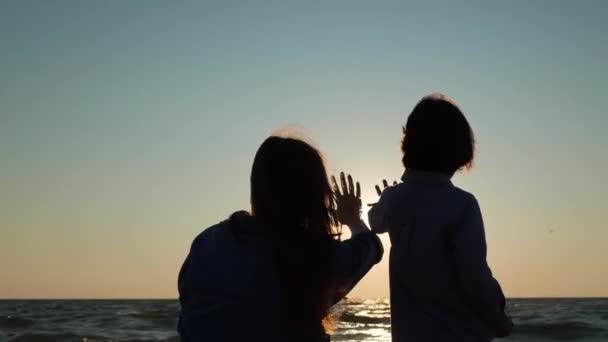 Mutter Und Ihr Sohn Verbringen Zeit Meer Bei Sonnenuntergang Rückansicht — Stockvideo