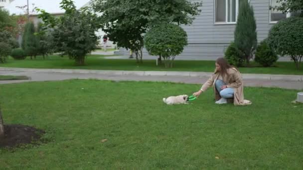 Çekici Genç Bir Kadın Parkta Tatlı Köpeğini Okşayıp Öpüyor Düşük — Stok video