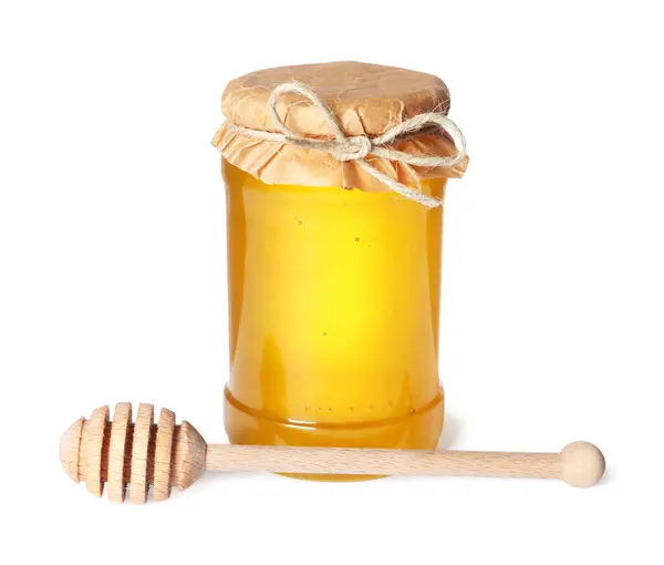 Smaklig Naturlig Honung Glasburk Och Dipper Isolerad Vit — Stockfoto