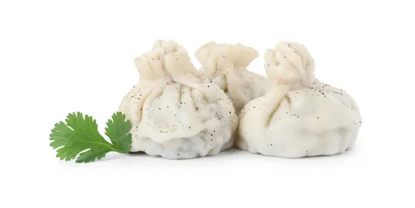 Tři Chutné Khinkali Knedlíky Koření Izolované Bílém Gruzínská Kuchyně — Stock fotografie