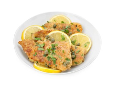 Delicious chicken piccata with herbs isolated on white clipart