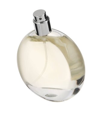 Şatafatlı kadın parfümü beyaz şişede izole edilmiş.