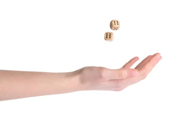 Woman Throwing Game Dices White Background Closeup — Stock Photo, Image
